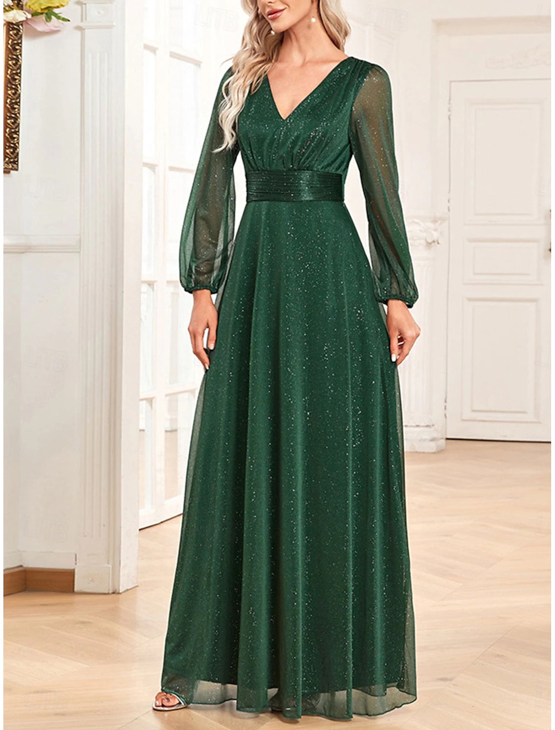 Dress Mother of the Bride Dress Elegant Party Sparkle & Shine V Neck Floor Length Chiffon Long Sleeve with Sequin