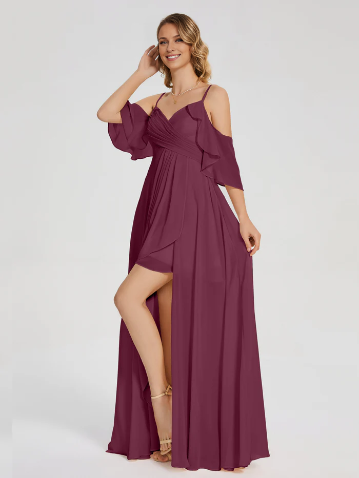 Sleek Deep V-Neck Long Sleeves with High Slit Prom Dress
