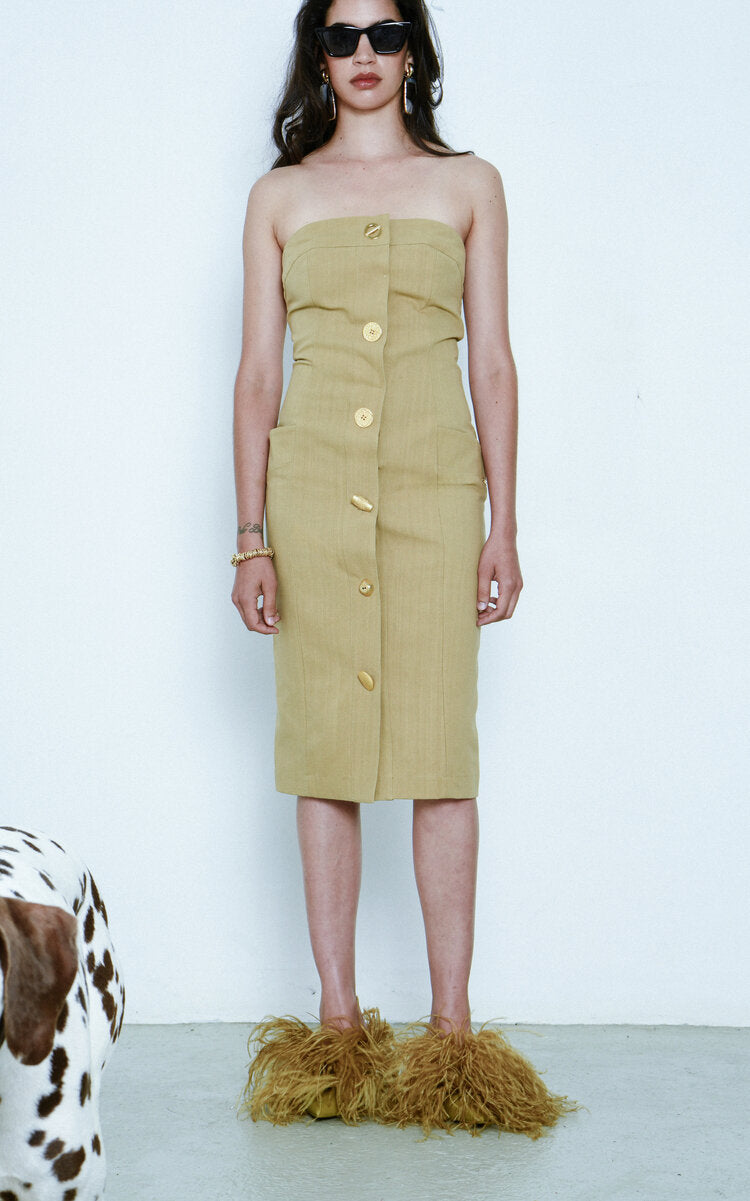 Exclusive Bijou Strapless Buttoned Cotton Midi Dress