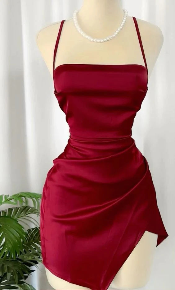 Short Prom Dresses Spaghetti Straps Burgundy Homecoming Dress