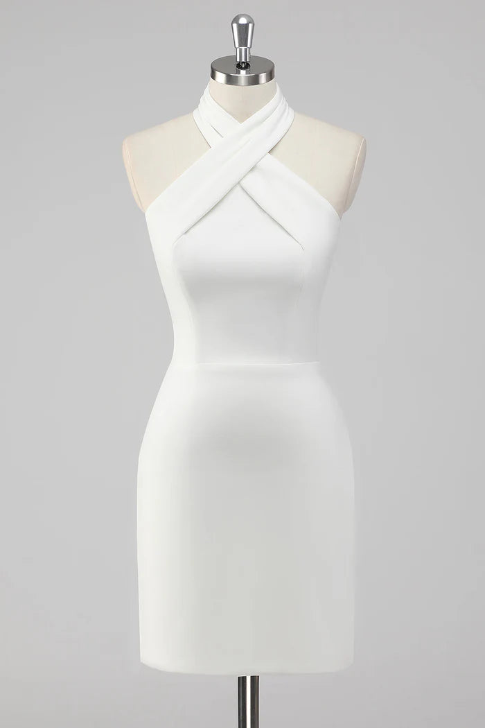 A-Line Halter Neck Satin Little White Graduation Dress