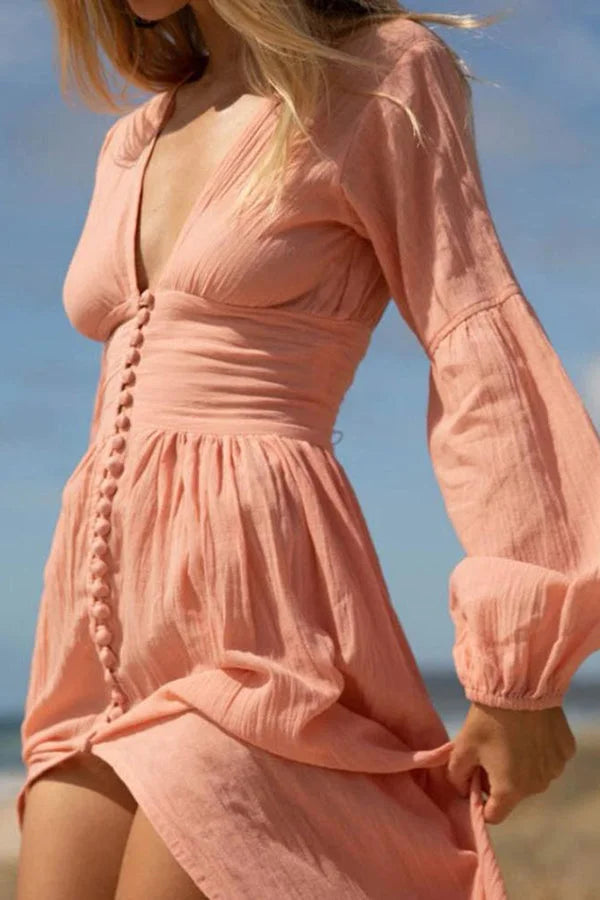 Pink Plunging Button Long Sleeve Maxi Dress Simple atmospheric beautiful and unique desi