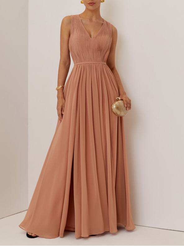 Simple beautiful generous and full of charm Pink Ruched Prom Dress V Neck Sleeveless A-Line Maxi Dress