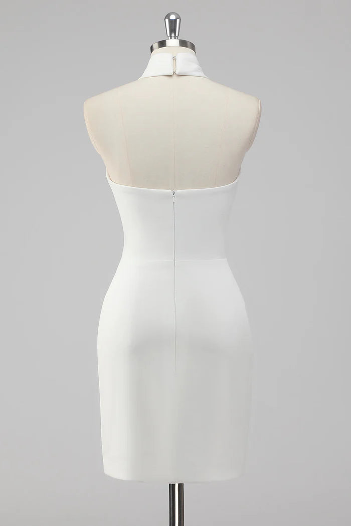 A-Line Halter Neck Satin Little White Graduation Dress