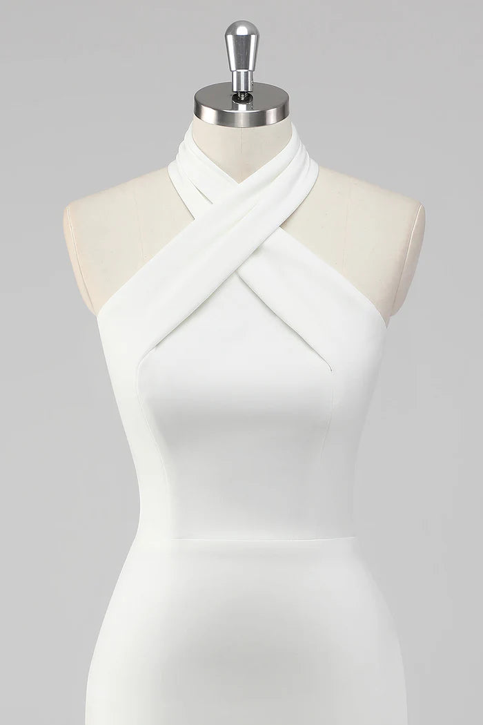 A-Line Halter Neck Satin Little White Graduation Dress