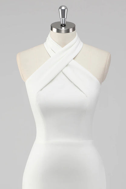 A-Line Halter Neck Satin Little White Graduation Dress