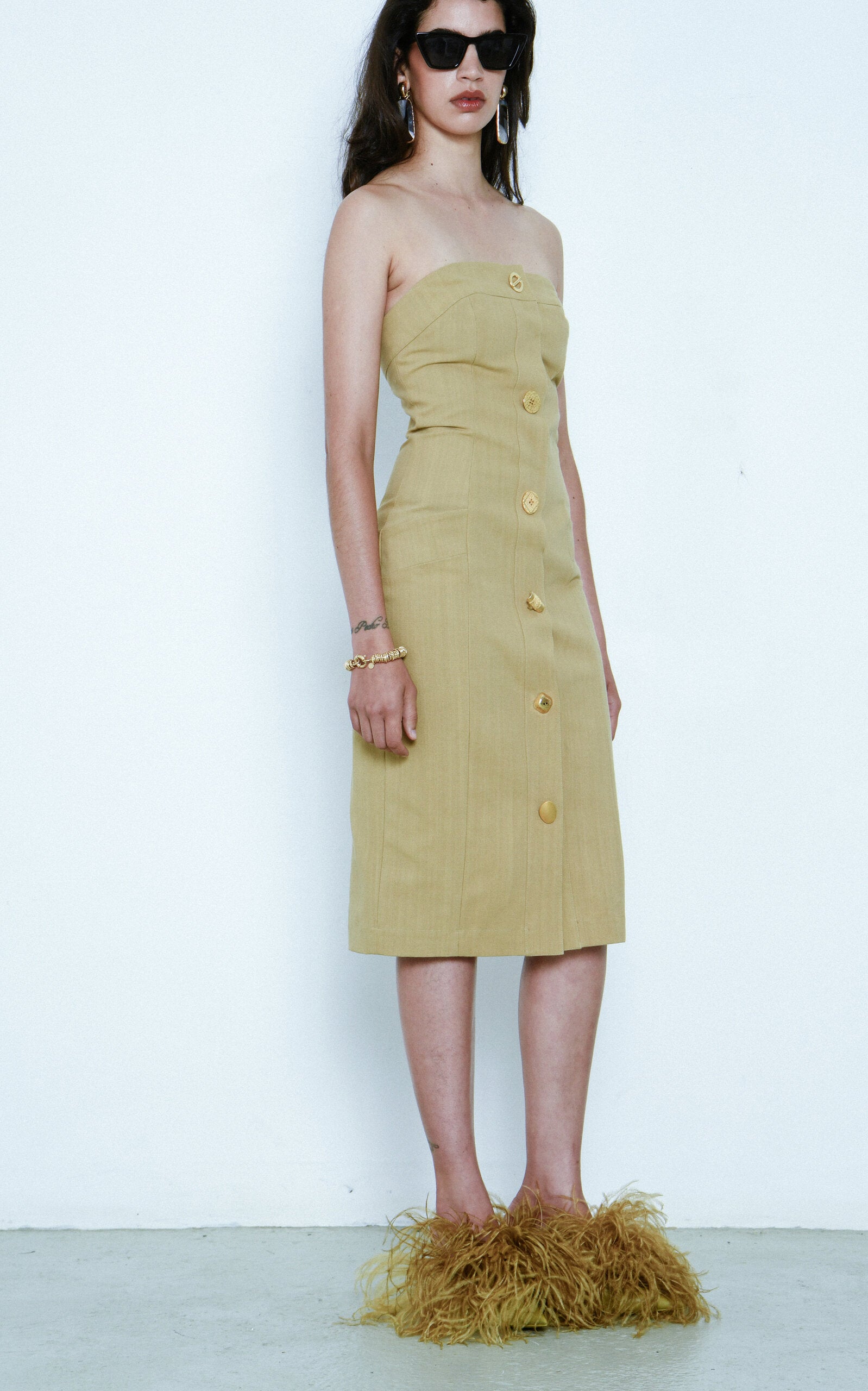 Exclusive Bijou Strapless Buttoned Cotton Midi Dress