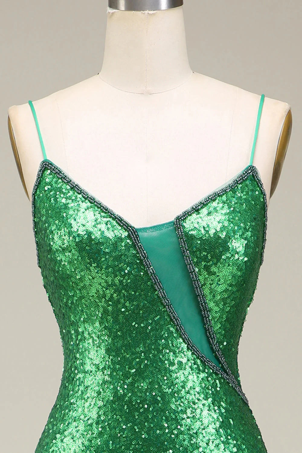 Sparkly Mermaid Spaghetti Straps Green Sequins Prom Dress with Split Front