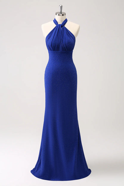 Glitter Mermaid Blue Halter Pleated Backless Long Prom Dress