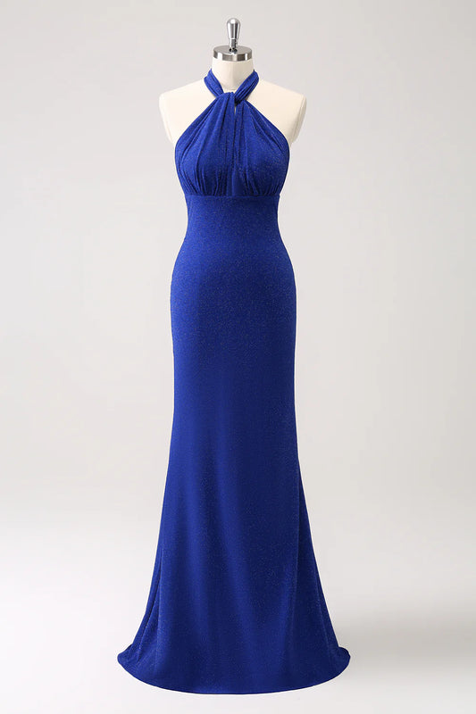 Glitter Mermaid Blue Halter Pleated Backless Long Prom Dress
