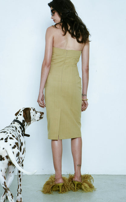 Exclusive Bijou Strapless Buttoned Cotton Midi Dress