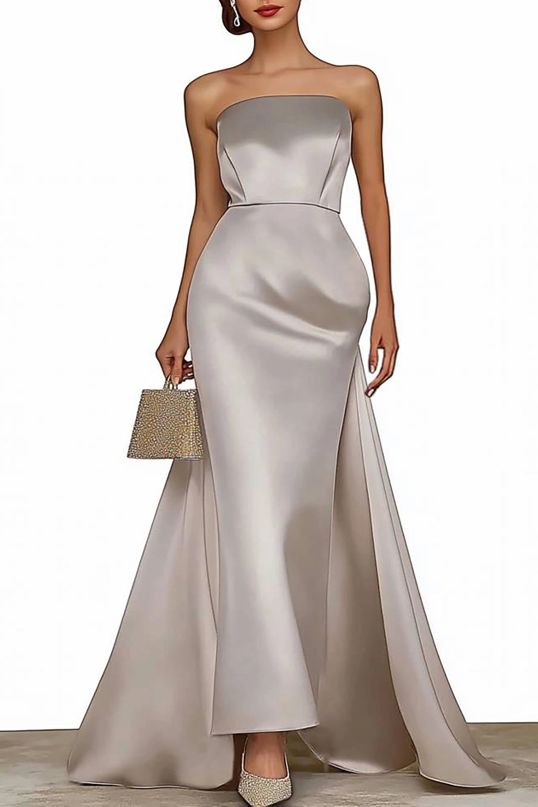 Evening Formal Dress Satin Tube Top Train Long Dress