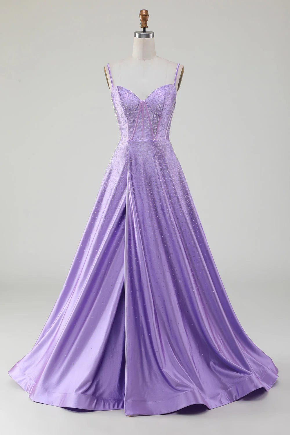 Sparkly Simple Lilac A-Line Side Slit Corset Prom Dresses with Rhinestones