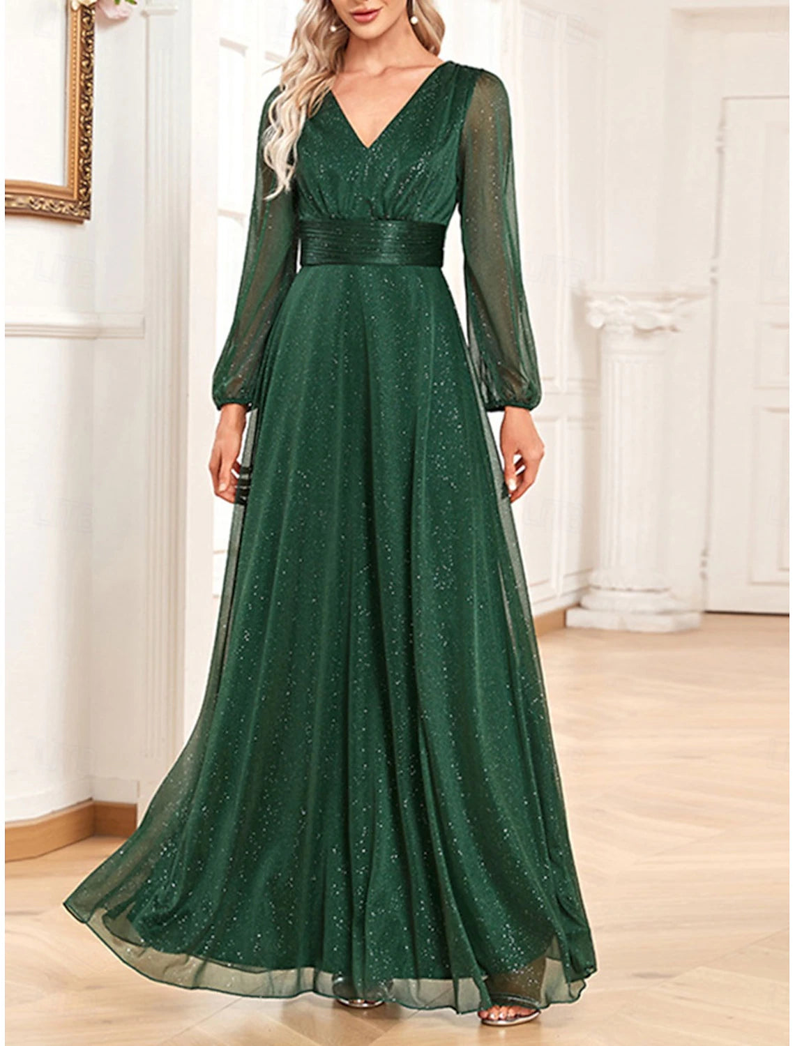 Dress Mother of the Bride Dress Elegant Party Sparkle & Shine V Neck Floor Length Chiffon Long Sleeve with Sequin