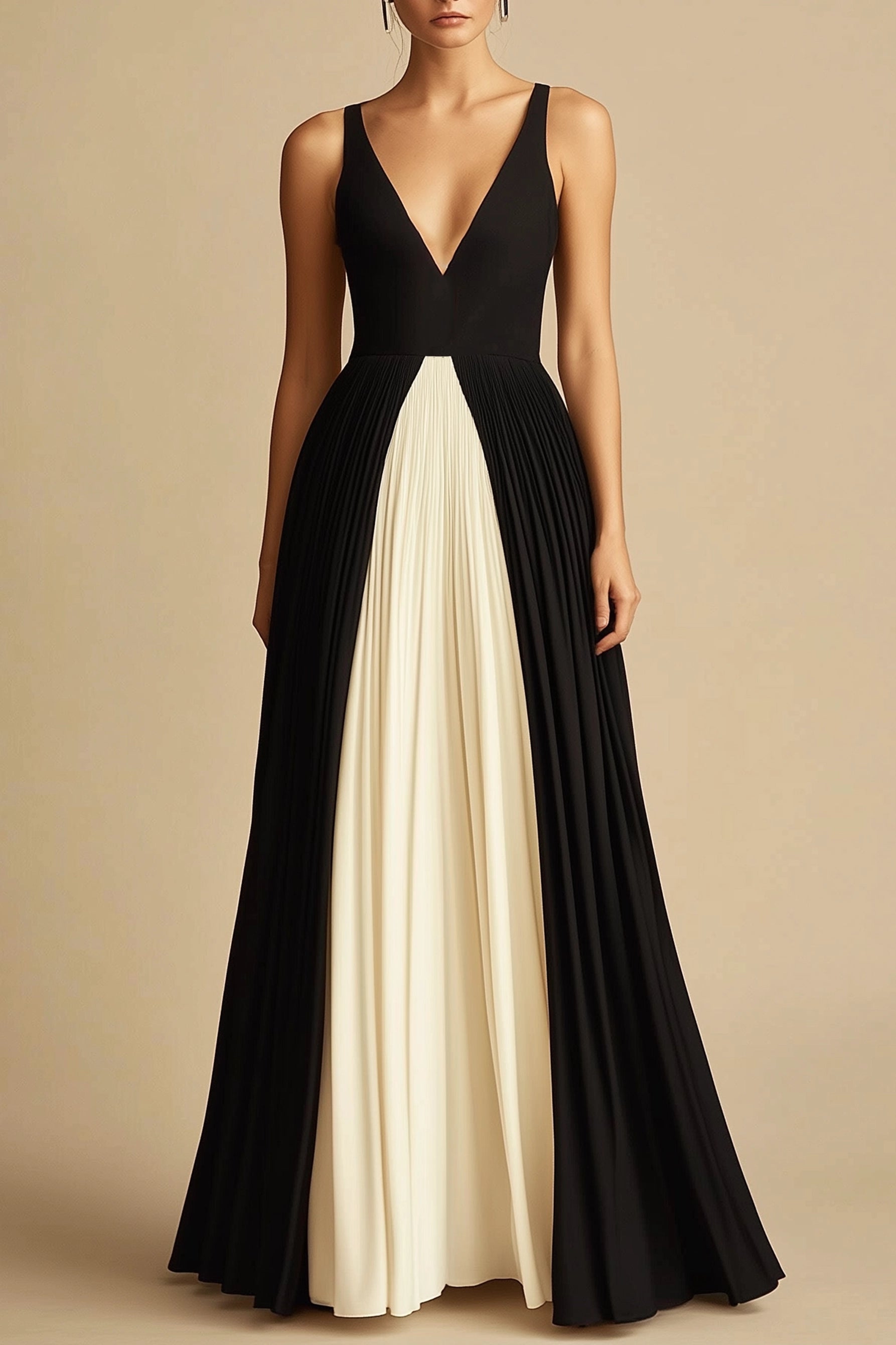 Formal Evening Dress Black Beige Spaghetti Strap Deep V Maxi Dress Simple beautiful generous and full of charm