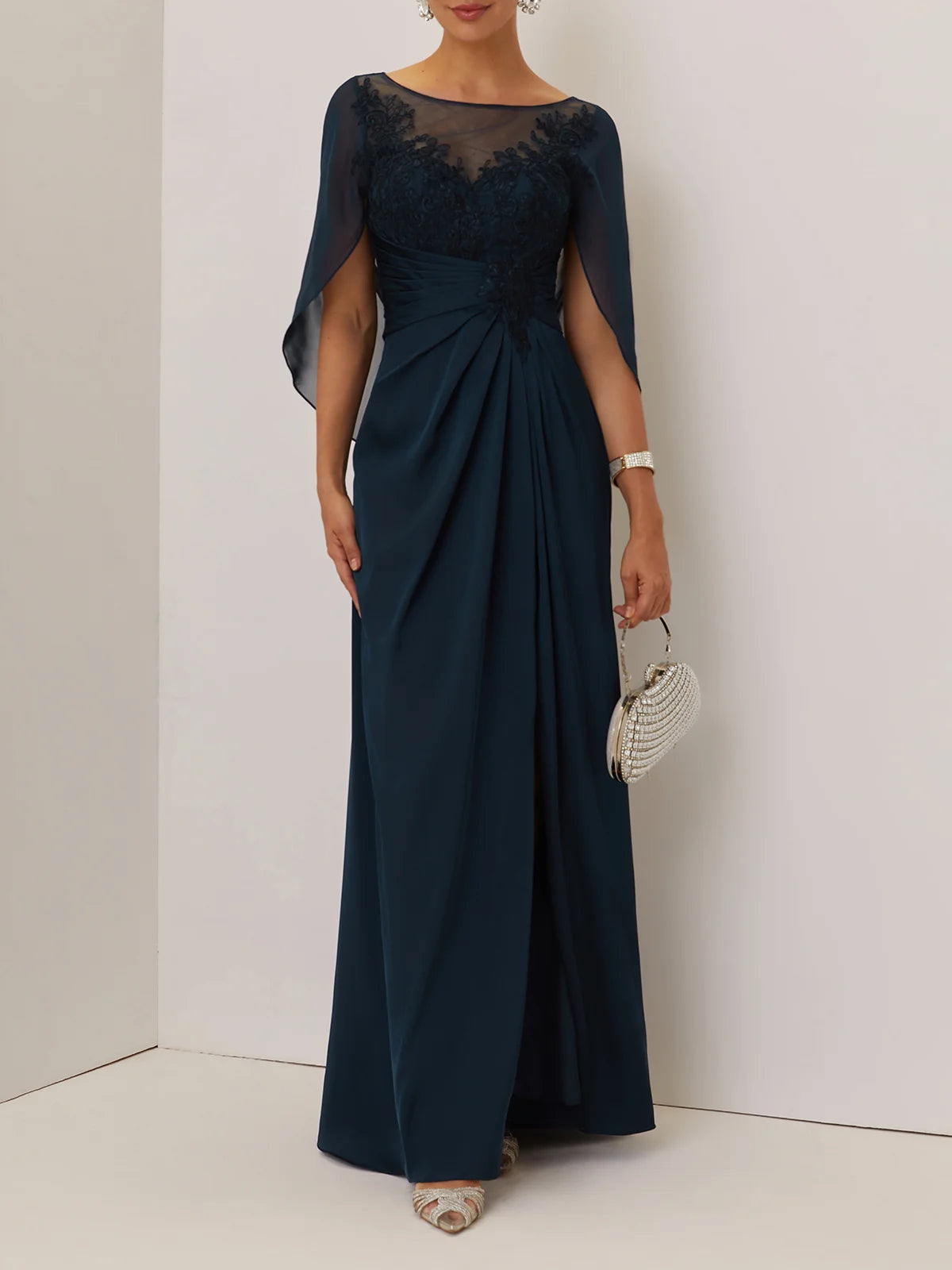 Purplish blue Lace Ruched Prom Dress Boat Neck Short Sleeve A-Line Maxi Dress