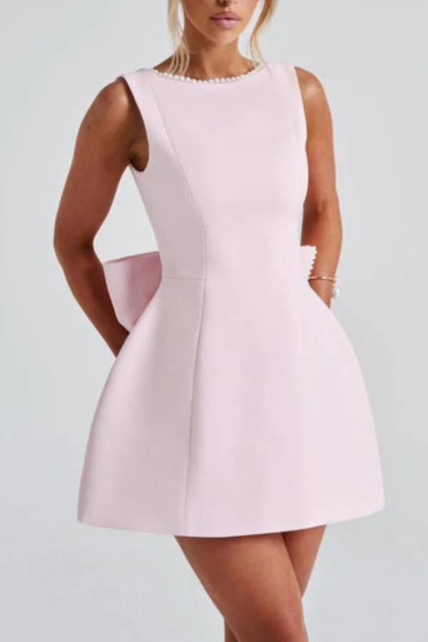 Stylish Pearl-embellished Large Bow Slim-fit Mini Dress Simple atmospheric beautiful and unique desi