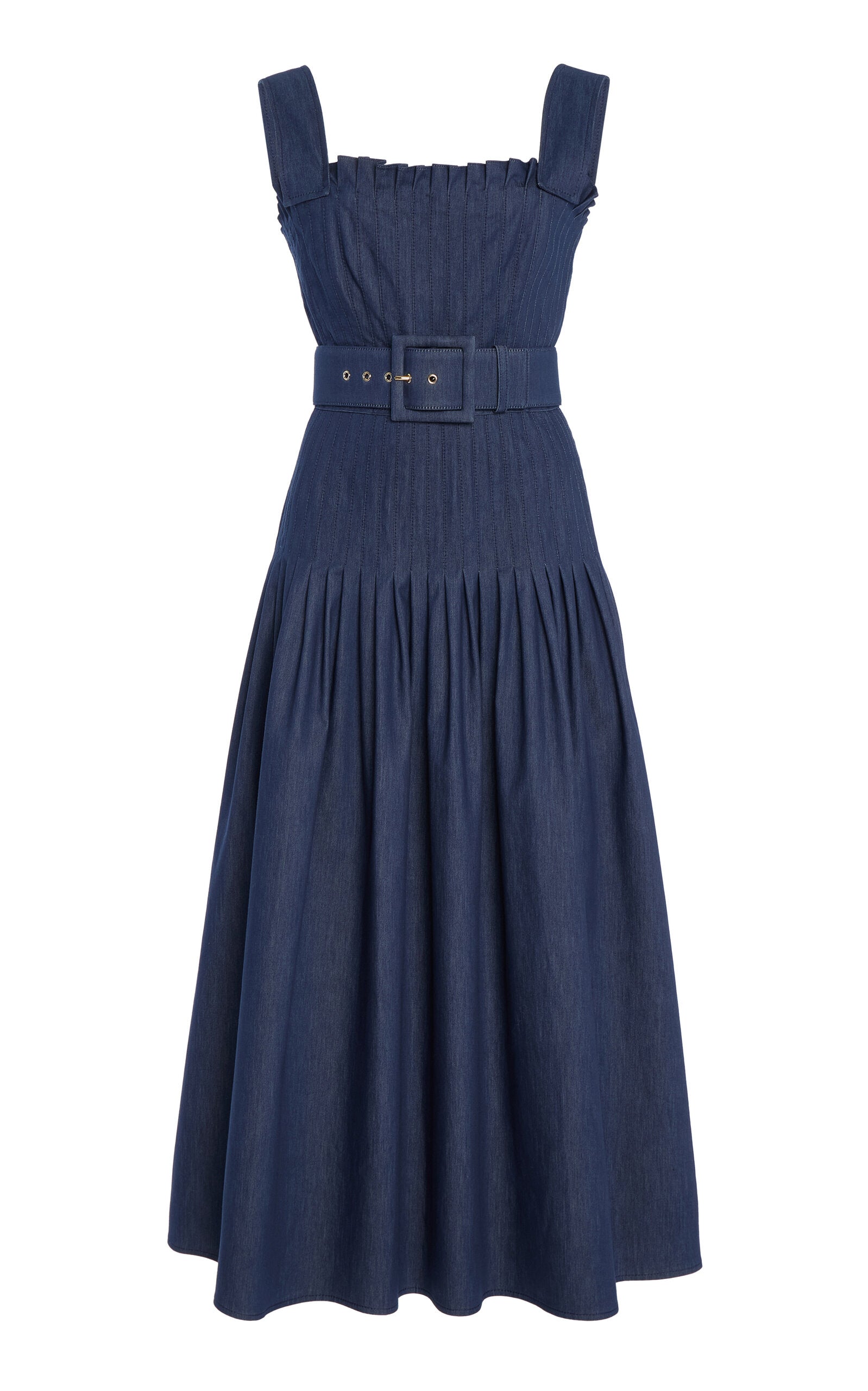 Pleated Cotton Chambray Twill Midi Dress Full of charm simple and atmospheric