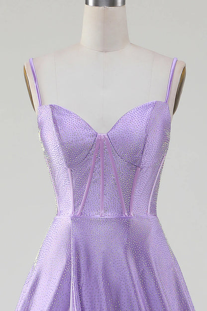 Sparkly Simple Lilac A-Line Side Slit Corset Prom Dresses with Rhinestones
