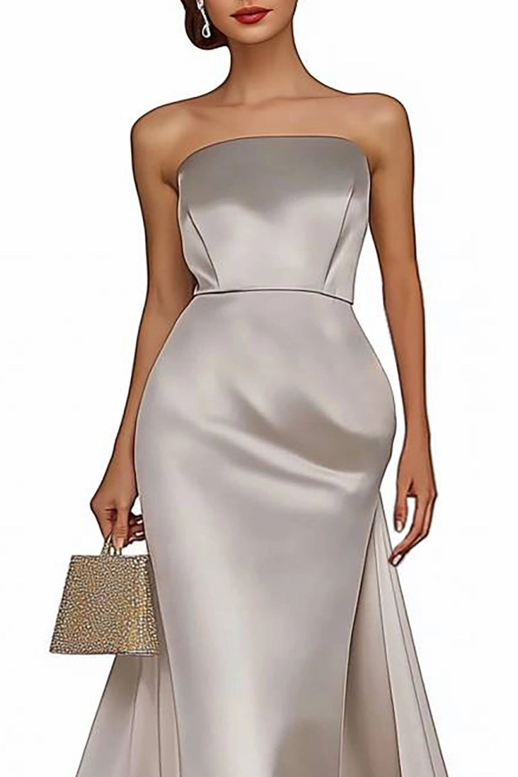 Evening Formal Dress Satin Tube Top Train Long Dress