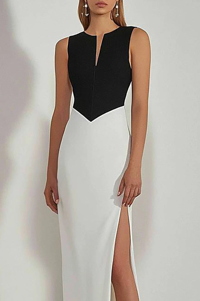 Semi-Formal Party Dress Black White V-Neck Sleeveless High Slit Maxi Dress Simple beautiful generous and full of charm