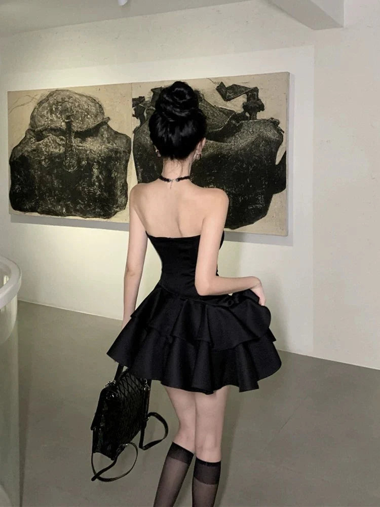 Strapless Black Satin Homecoming Dress 21st Birthday Outfit