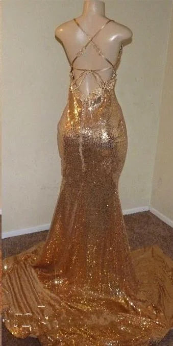 ﻿ Gold Sequins V-Neck Halter Sleeveless Long Mermaid Prom Dress with Split
