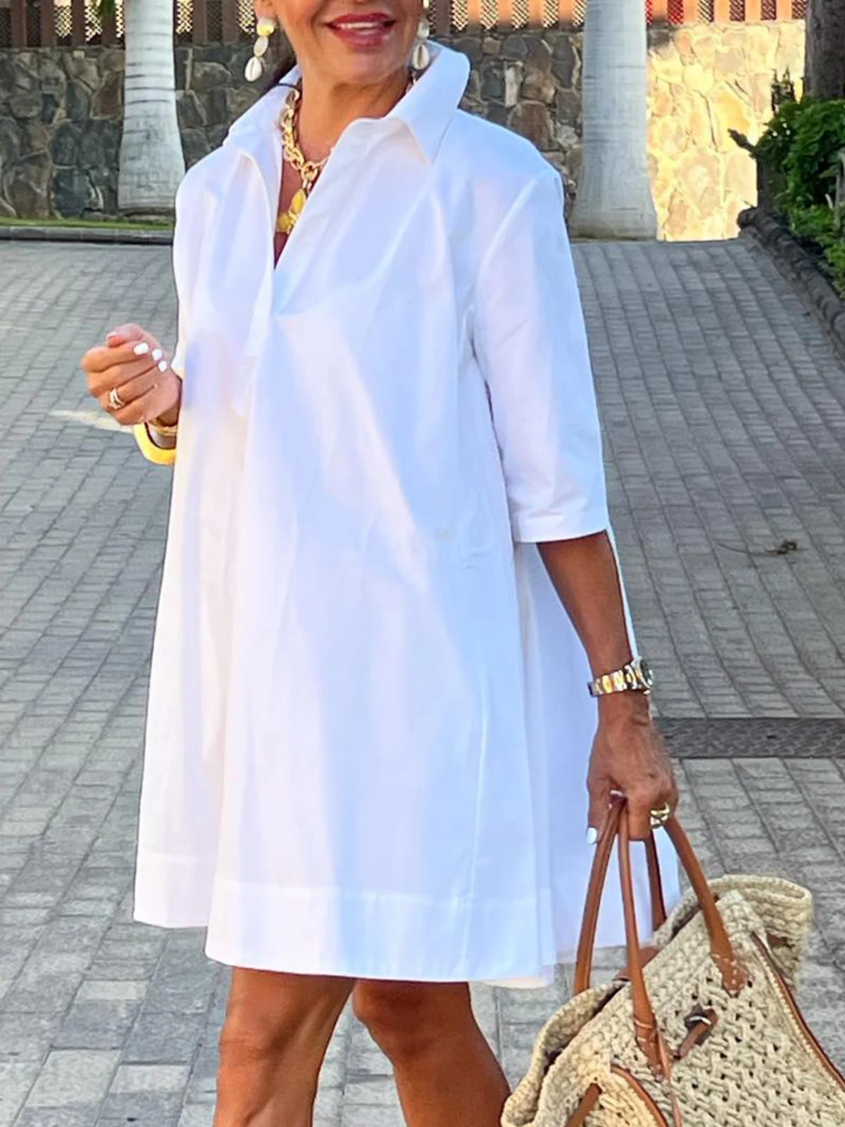 Ladies' Spring And Summer Vacation Dating CasualUrban Daily Loose Plain Shirt Dress