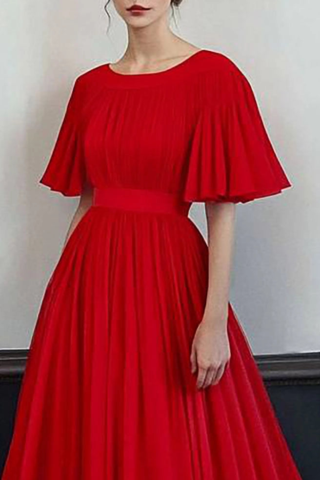 Formal Evening Dress Red Round Neck A-Line Floor-Length Gown
