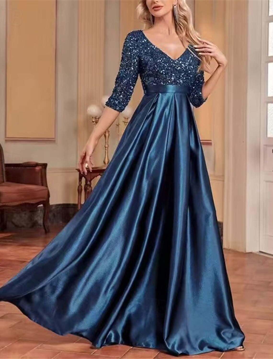 A-Line Evening Gown Party Dress Evening Party Party Wear Floor Length Short Sleeve V Neck Wednesday Addams Family Lace Cowl Back with Glitter Sequin