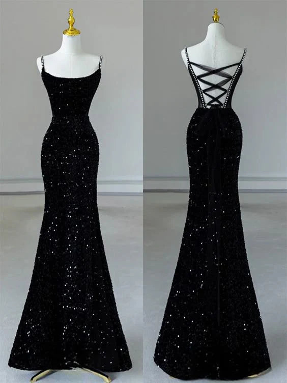 Simple Mermaid Sequin Black Long Prom Dress Black Evening Dress