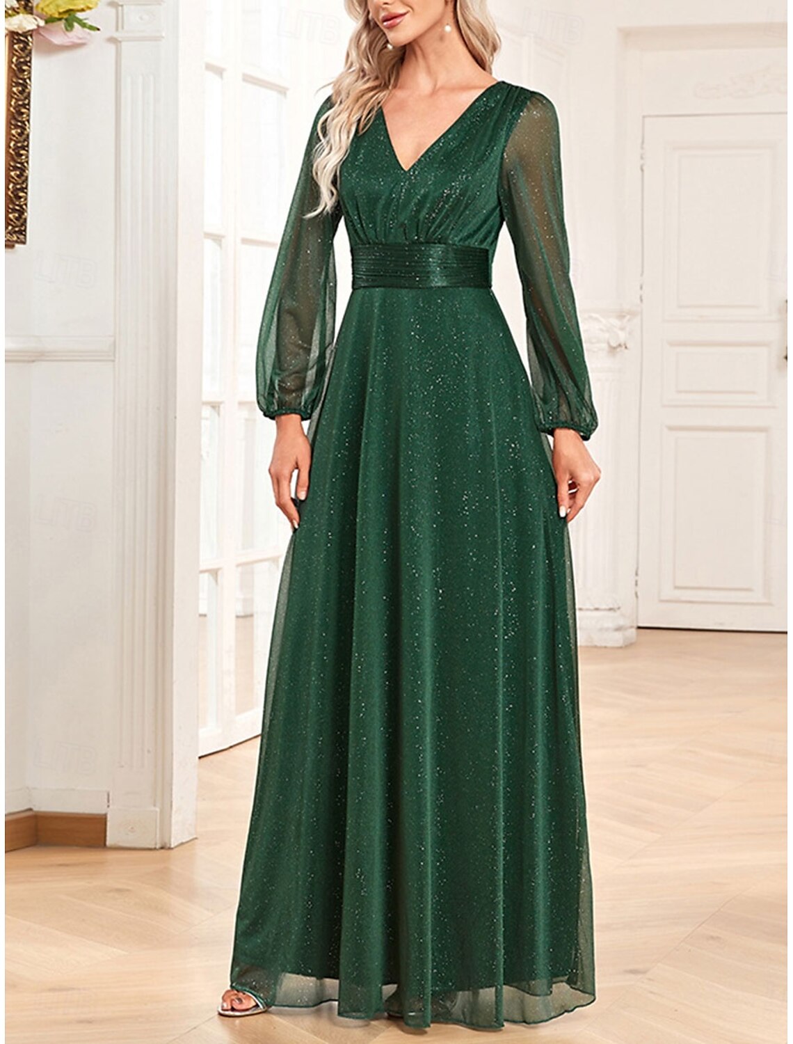 Dress Mother of the Bride Dress Elegant Party Sparkle & Shine V Neck Floor Length Chiffon Long Sleeve with Sequin