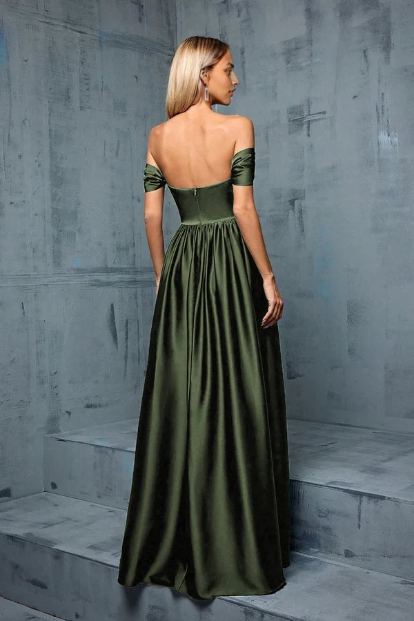 Army Green Off the Shoulder Satin A-Line Long Prom Dress simple gentle atmospheric and unique desi Bring summer colors to enhance whiteness