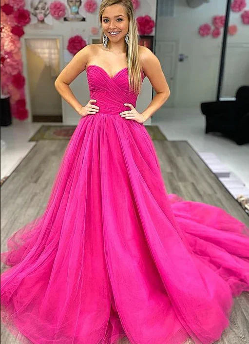 Strapless A Line Sweetheart Evening Dresses Formal Dresses Tulle Long Prom Dresses