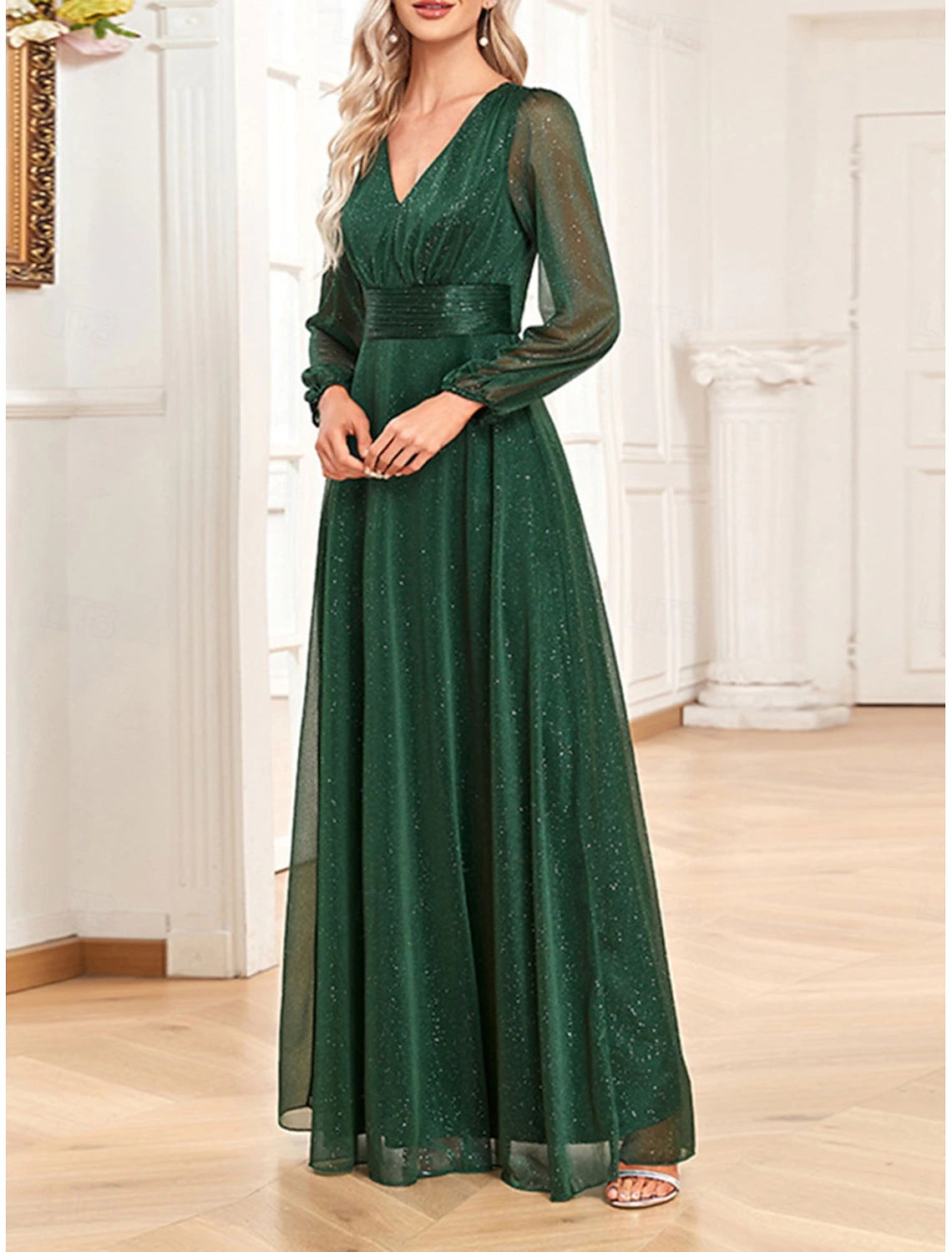 Dress Mother of the Bride Dress Elegant Party Sparkle & Shine V Neck Floor Length Chiffon Long Sleeve with Sequin