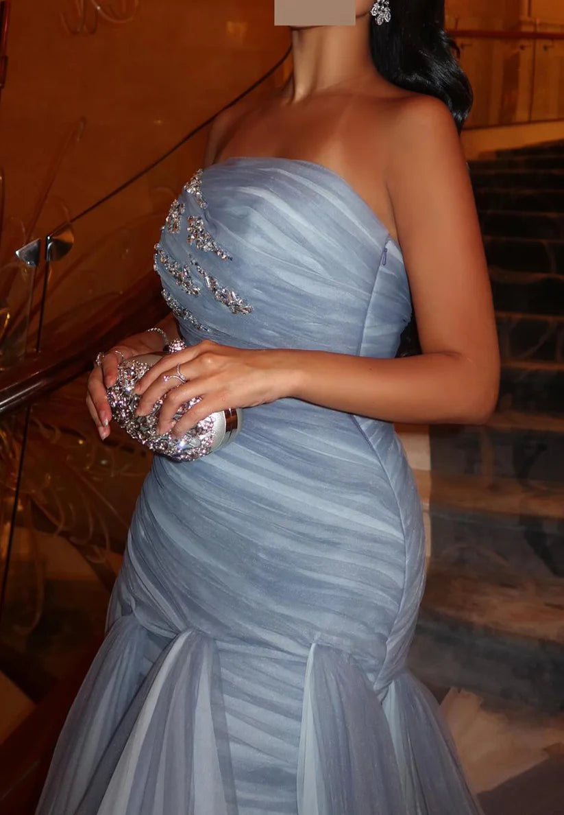 Straight Across Sleeveless Beaded Tulle Mermaid Formal Dress Simple gentle beautiful and unique design