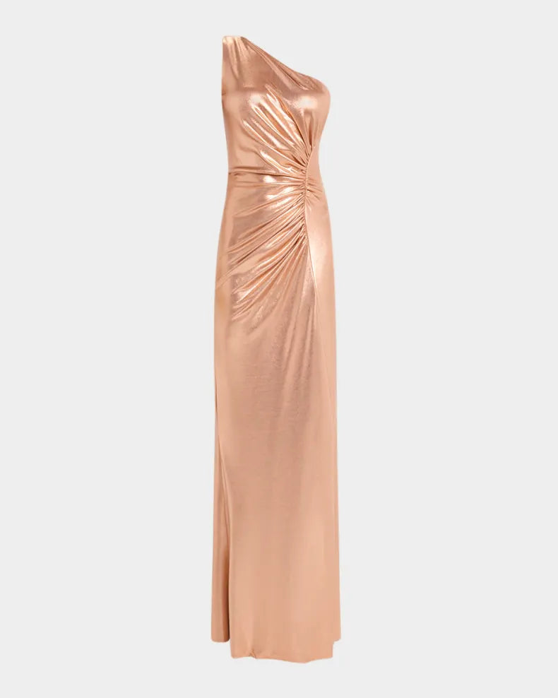 One-Shoulder Ruched Metallic Gown Simple beautiful generous and full of charm