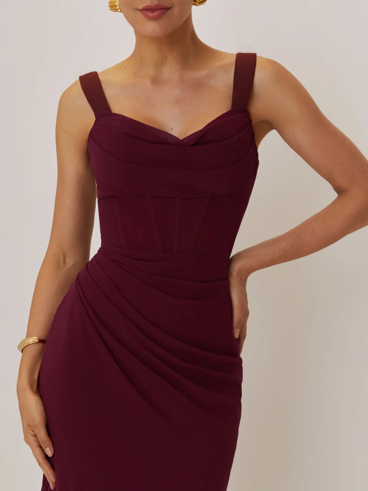 Simple beautiful generous and full of charm Wine Red Ruched Bow Prom Dress Spaghetti Sleeveless Sheath Maxi Dress