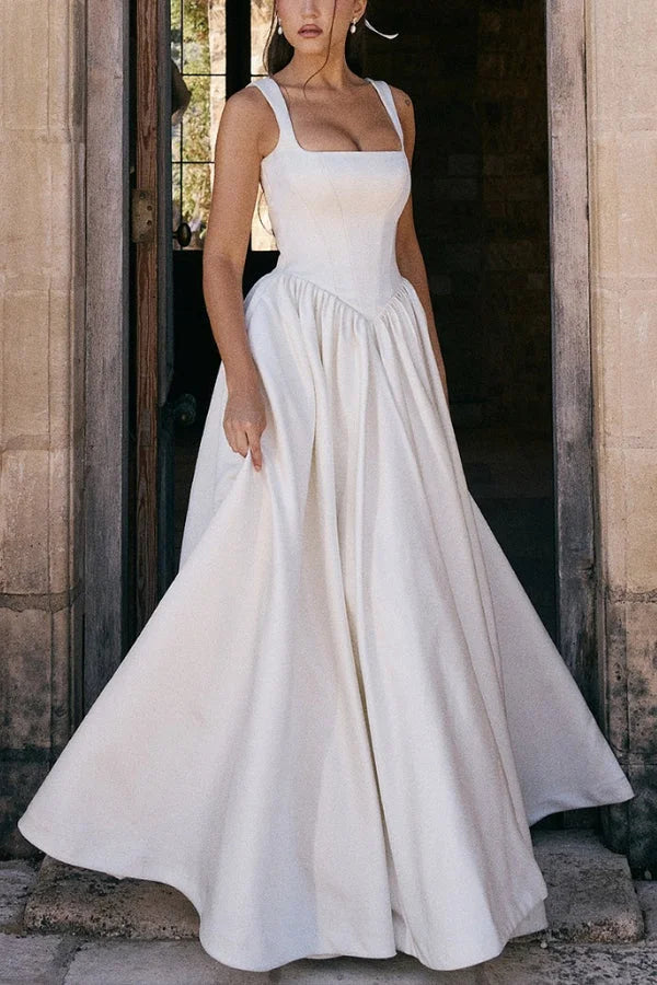 Wide Straps Corset Solid Color Gowns Maxi Dresses-White Simple atmospheric beautiful and unique desi