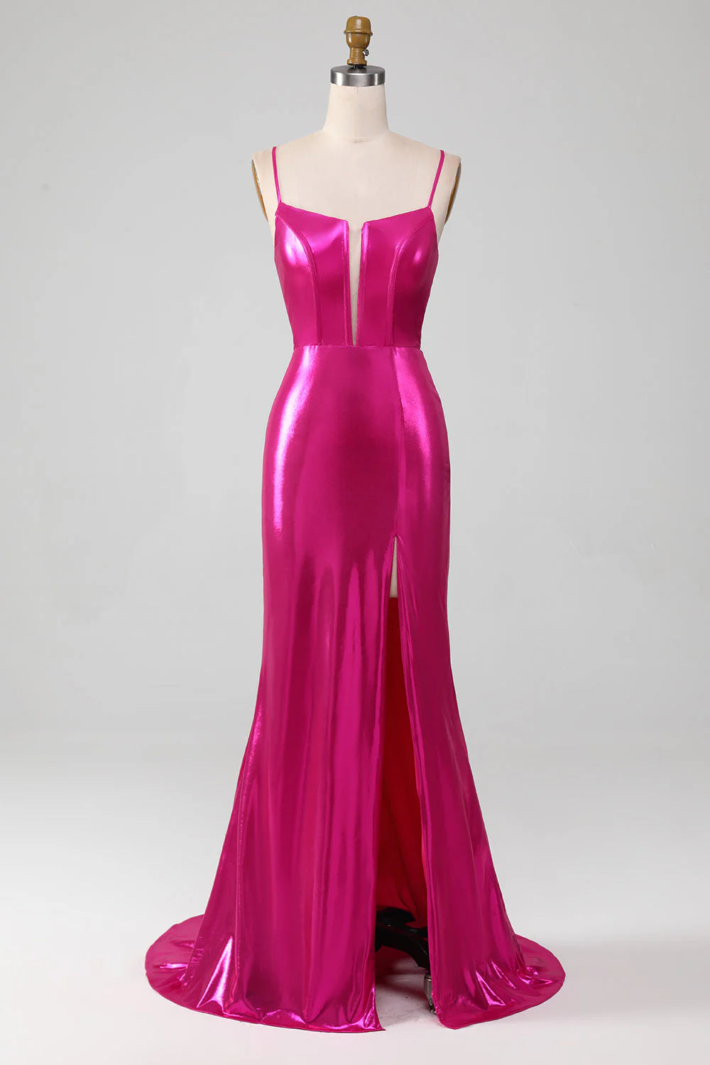 Sparkly Hot Pink Mermaid Spaghetti Straps Simple Prom Dress With Slit