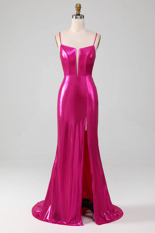 Sparkly Hot Pink Mermaid Spaghetti Straps Simple Prom Dress With Slit