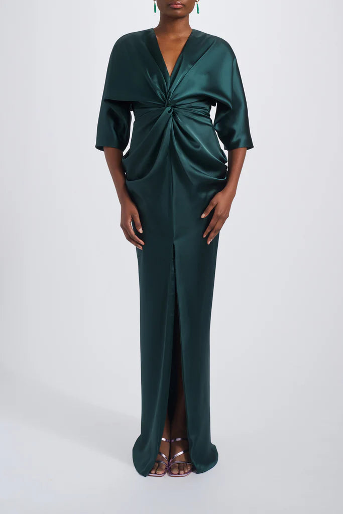 Fluid satin dolman sleeve draped column gown Simple atmo spheric beautiful and unique design