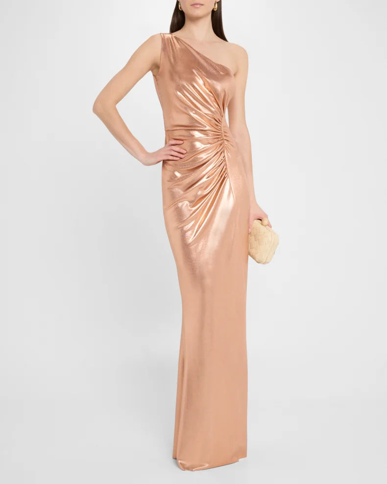 One-Shoulder Ruched Metallic Gown Simple beautiful generous and full of charm