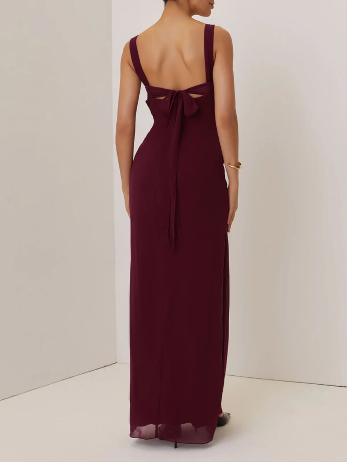 Simple beautiful generous and full of charm Wine Red Ruched Bow Prom Dress Spaghetti Sleeveless Sheath Maxi Dress