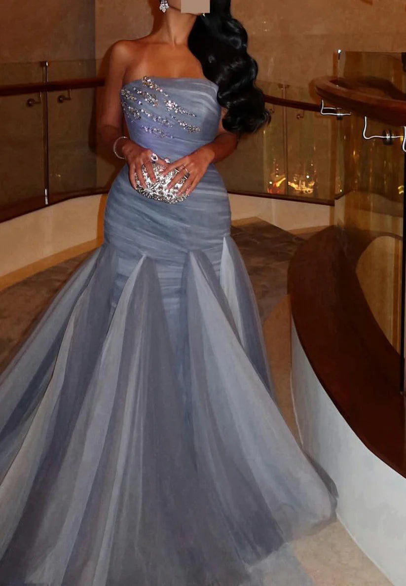 Straight Across Sleeveless Beaded Tulle Mermaid Formal Dress Simple gentle beautiful and unique design