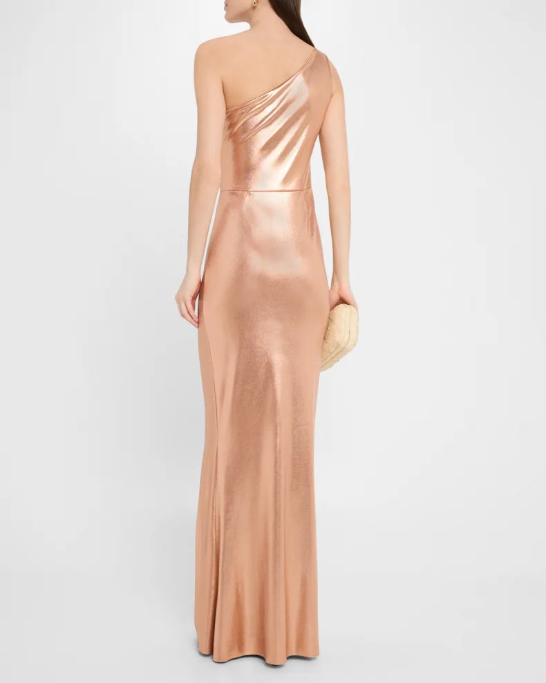One-Shoulder Ruched Metallic Gown Simple beautiful generous and full of charm