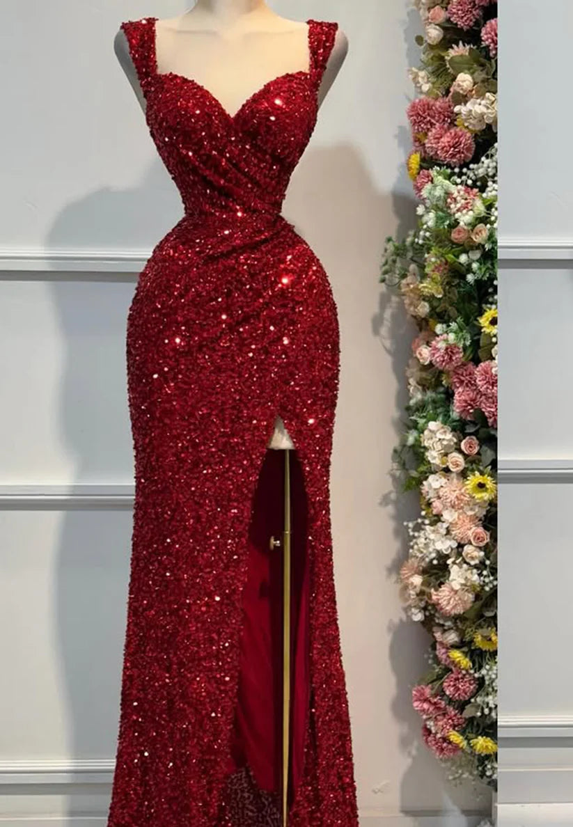 V-Neck Side Slit Straps Sequins Sparkly Sheath Prom Dress Simple gentle beautiful and unique design