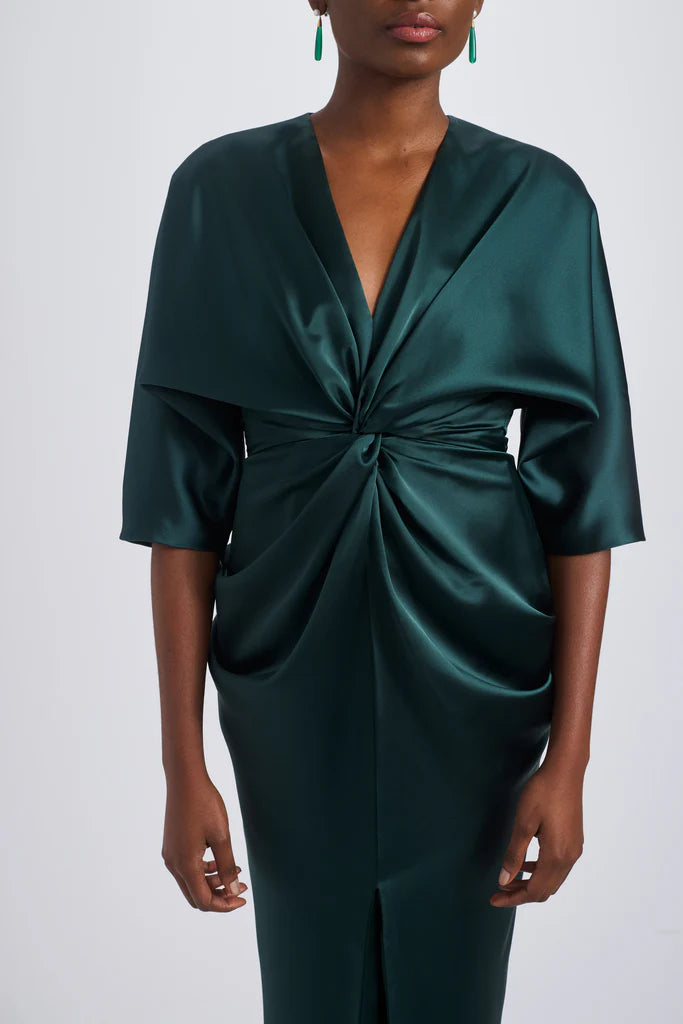 Fluid satin dolman sleeve draped column gown Simple atmo spheric beautiful and unique design