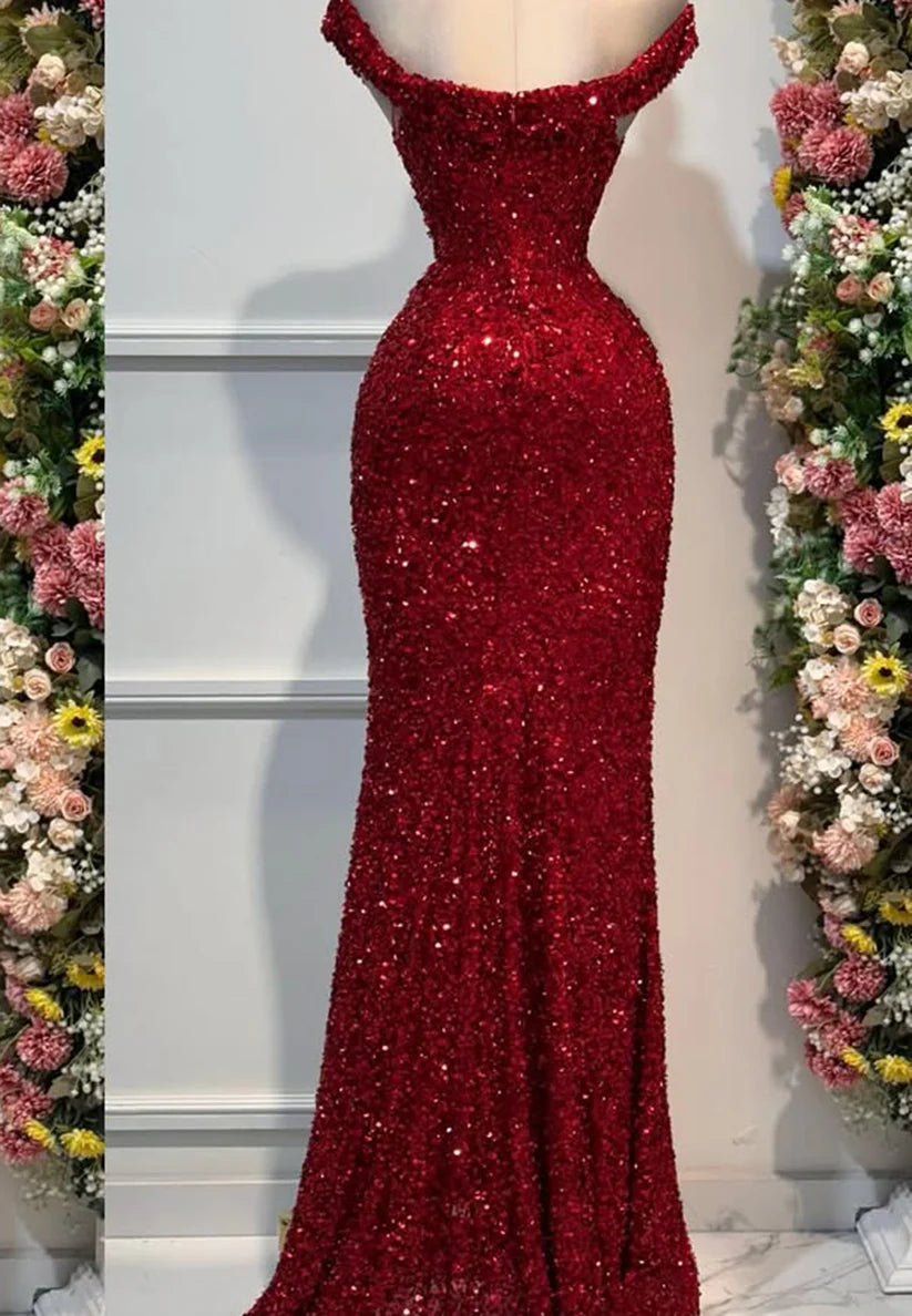 V-Neck Side Slit Straps Sequins Sparkly Sheath Prom Dress Simple gentle beautiful and unique design