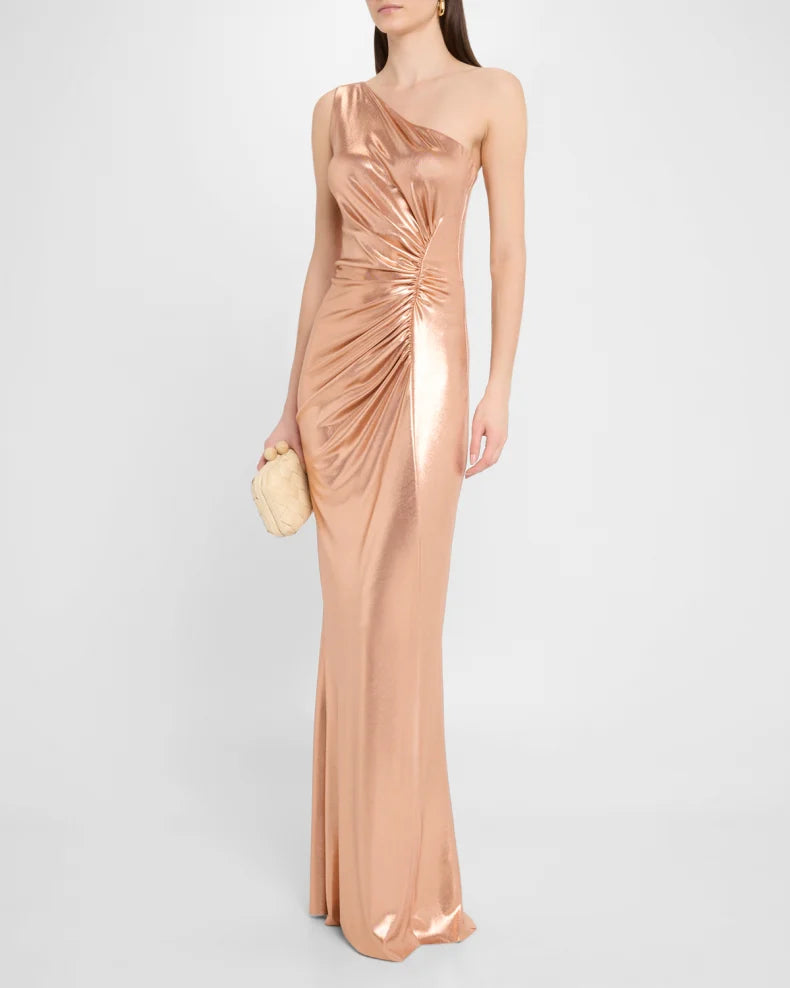 One-Shoulder Ruched Metallic Gown Simple beautiful generous and full of charm